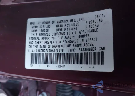 2017 Honda Accord Sport from USA, damaged, VIN 1HGCR2F59HA270319